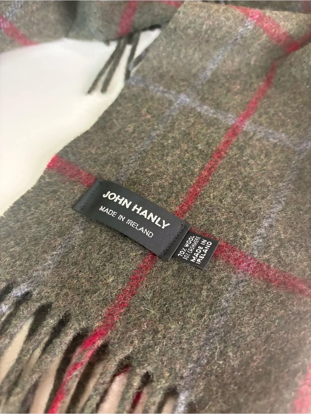 John Hanly Ireland Wool Cashmere Plaid Fringe Scarf Green Tartan Unisex